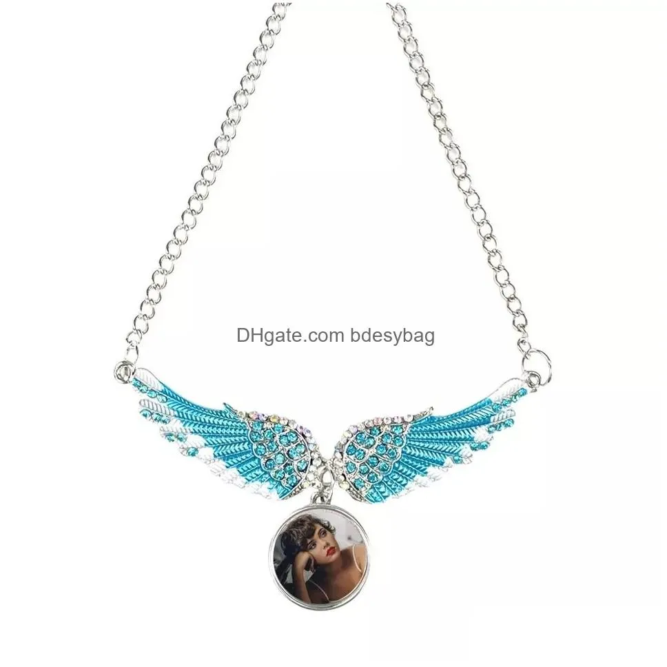 Sublimation Rhinestone Angel Wings Necklace With Chain Crystals Necklaces Blanks for Women Girl Guardian Angel Pendant