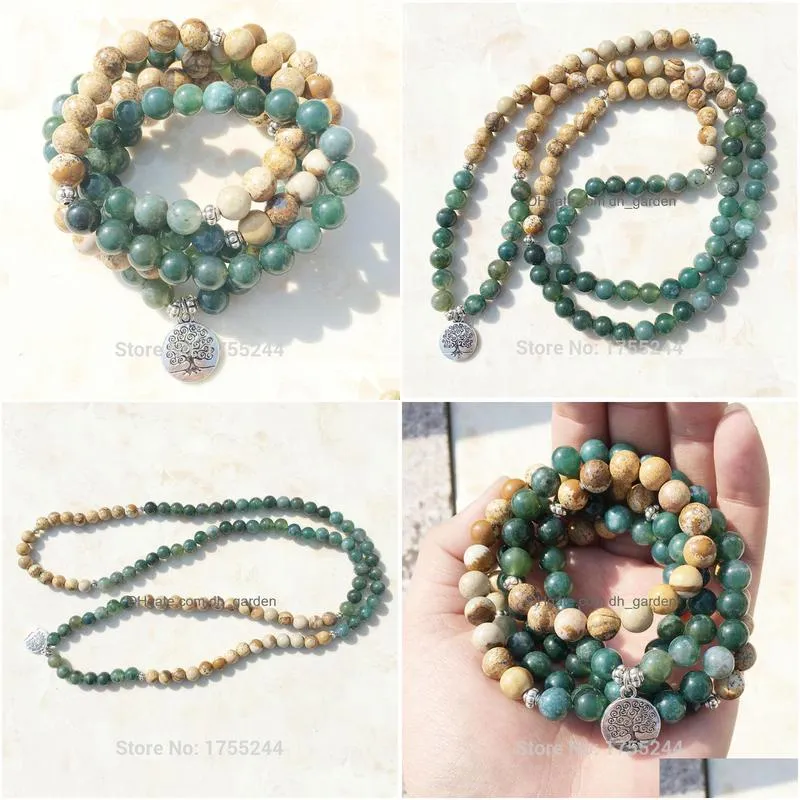 moss natural picture stone 108 mala beads yoga necklace tree of life mala wrap bracelet fashion natural stone jewelry