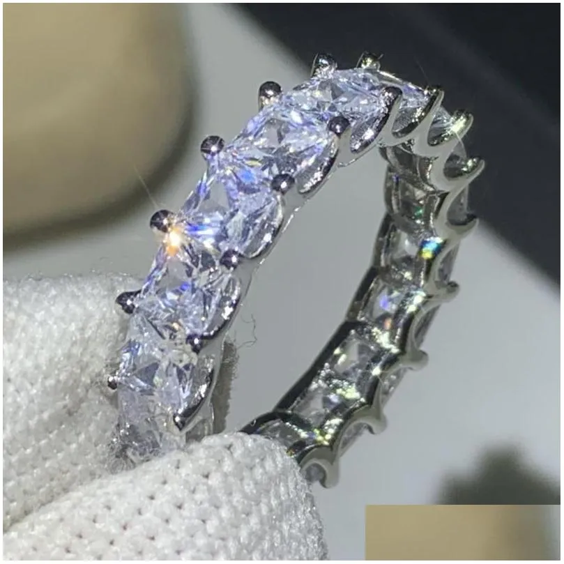 ins top sell stunning luxury jewelry 925 sterling silver princess cut white topaz cz diamond stack eternity women wedding band ring