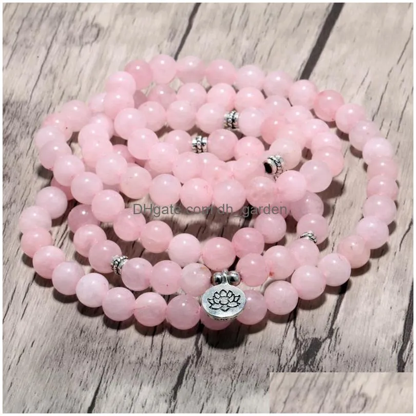 top sale 108 pink natural stone mala bracelet women yoga jewelry buddhist chakra necklace heart yoga lotus bracelet