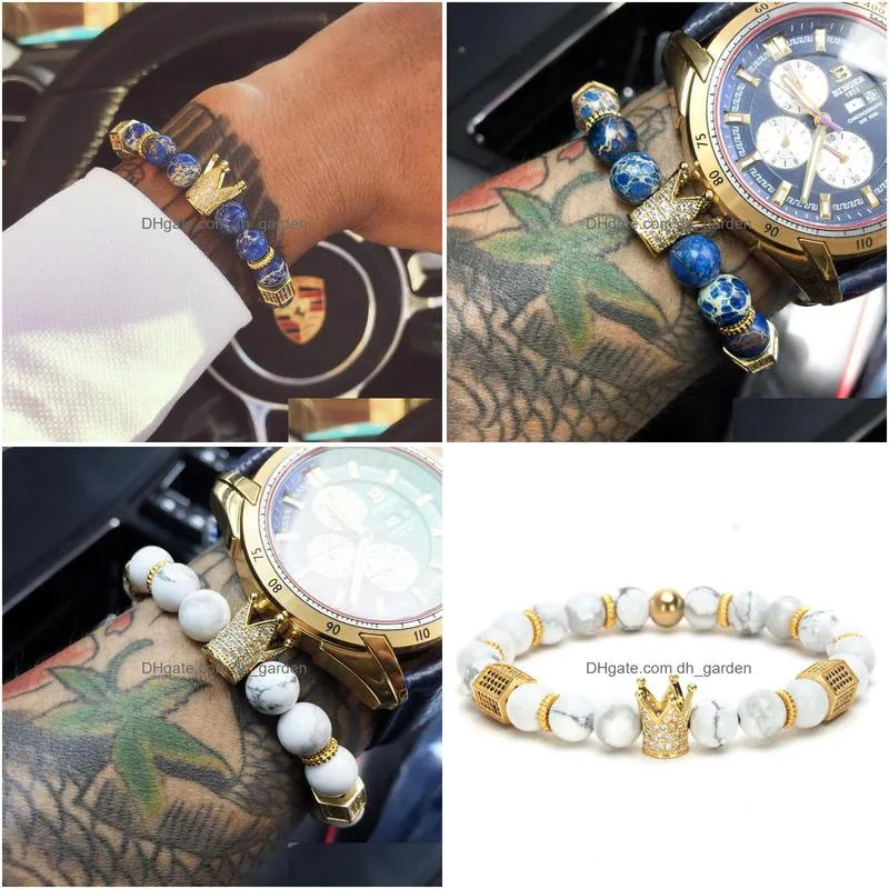 bracelets brand trendy imperial crown charm men bracelets natural stone beads women men jewelry