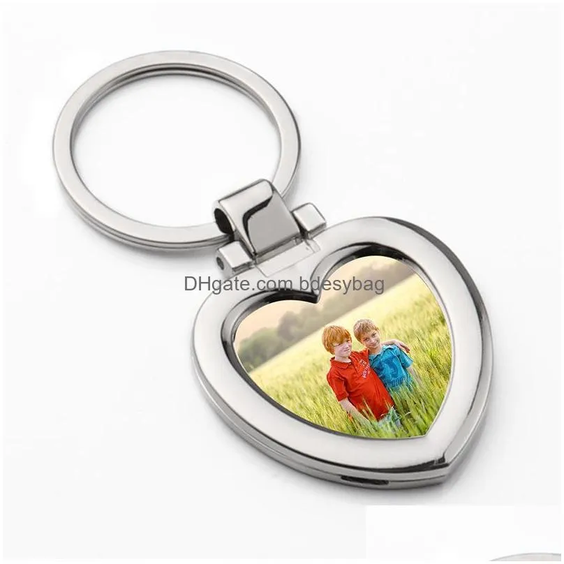 Sublimation Blanks Keychain Metal Charm Heat Transfer Blank Board heart round square Rings Photo Frame Key chain for DIY Crafts