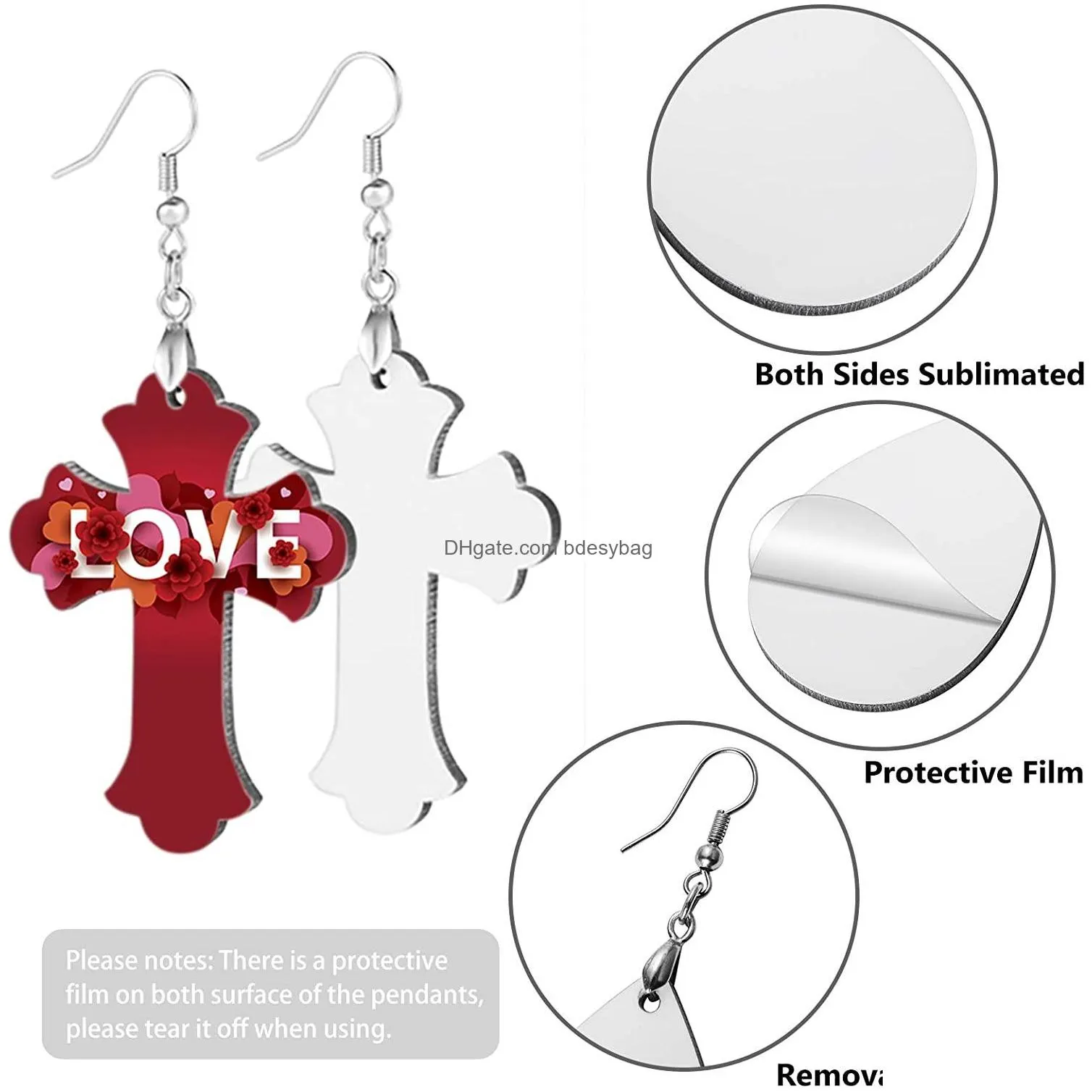 Sublimation Blank Cross Earrings Sublimatable MDF White Heat Transfer Wire Hooks Earring Blanks for Jewelry Making