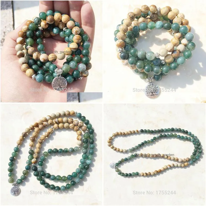 moss natural picture stone 108 mala beads yoga necklace tree of life mala wrap bracelet fashion natural stone jewelry