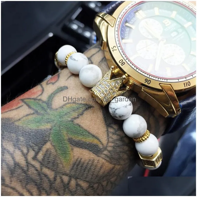 bracelets brand trendy imperial crown charm men bracelets natural stone beads women men jewelry