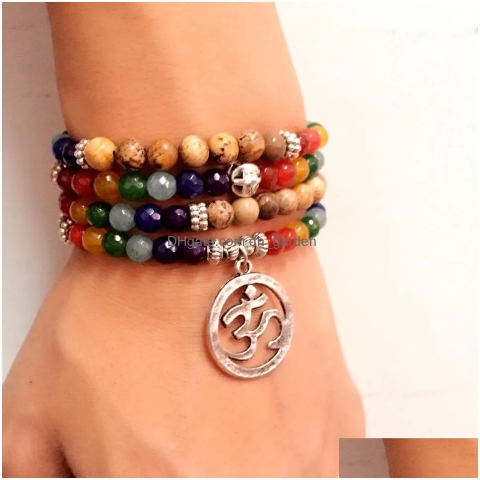 7 chakra healing balance bracelet picture stone gem yoga reiki prayer stone charms 108 bead bracelet multilayer bangle women men