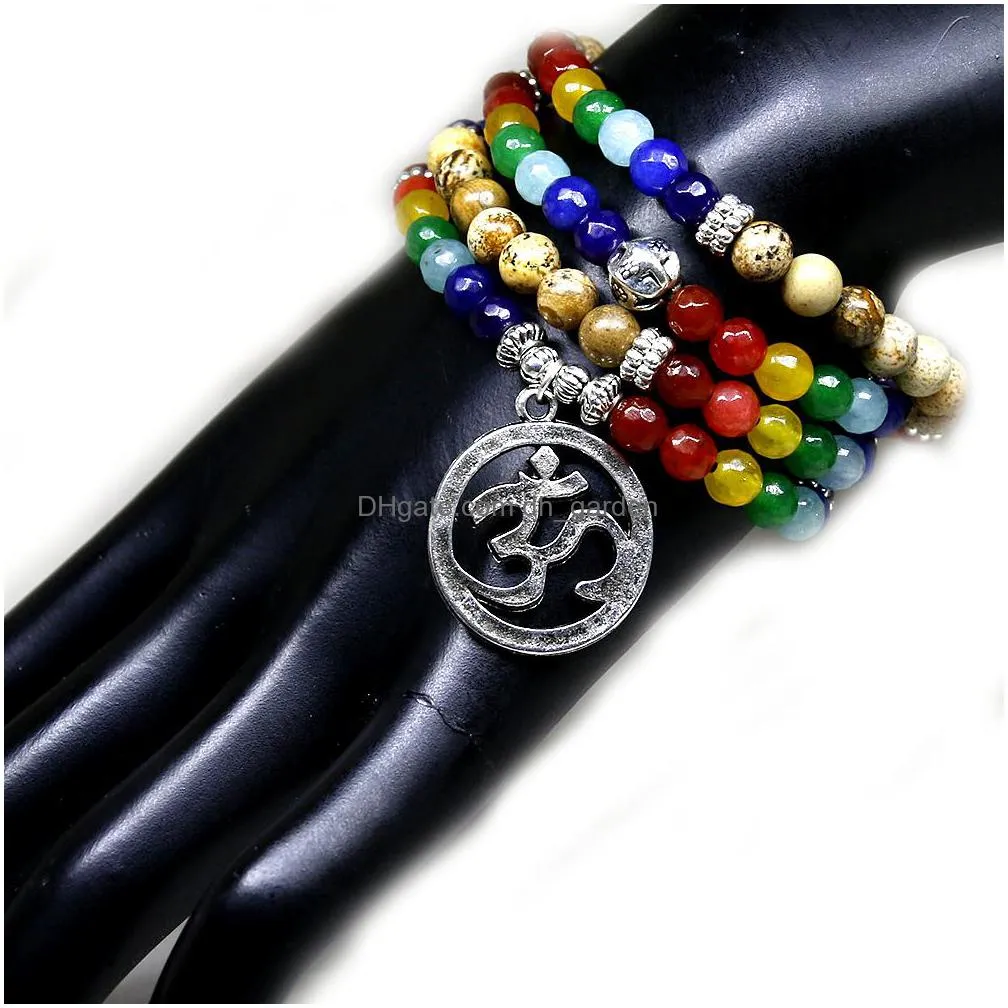 7 chakra healing balance bracelet picture stone gem yoga reiki prayer stone charms 108 bead bracelet multilayer bangle women men