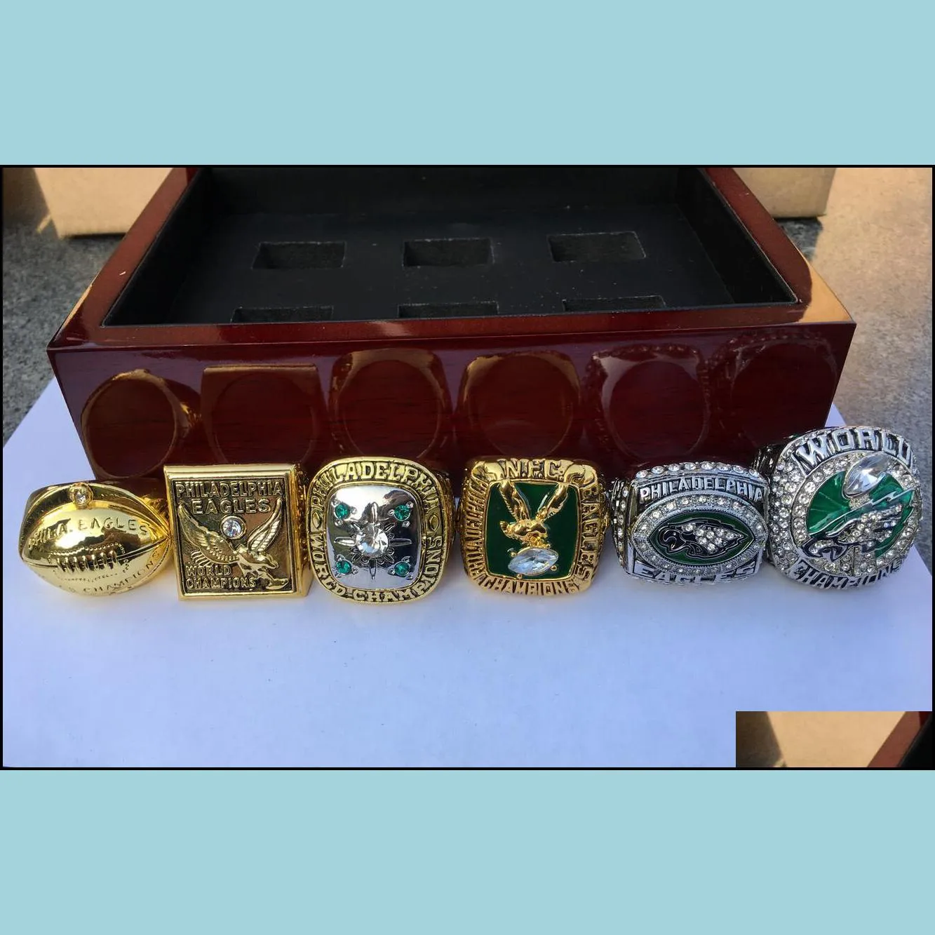 philadelphia 6pcs  american football team champions championship ring set with wooden box souvenir men fan gift 2019