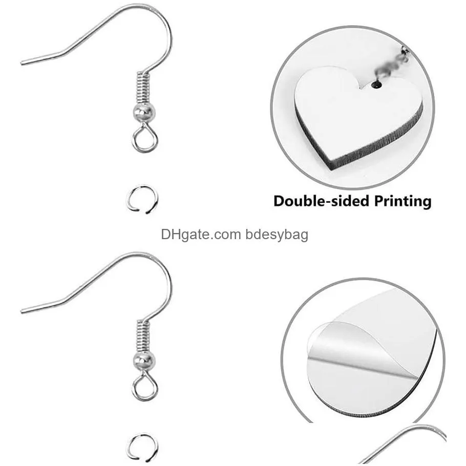 Sublimation Blank Earrings Wire Hooks Love Heart Unfinished Wooden Dangle Earring Pendant for DIY Jewelry Making Craft