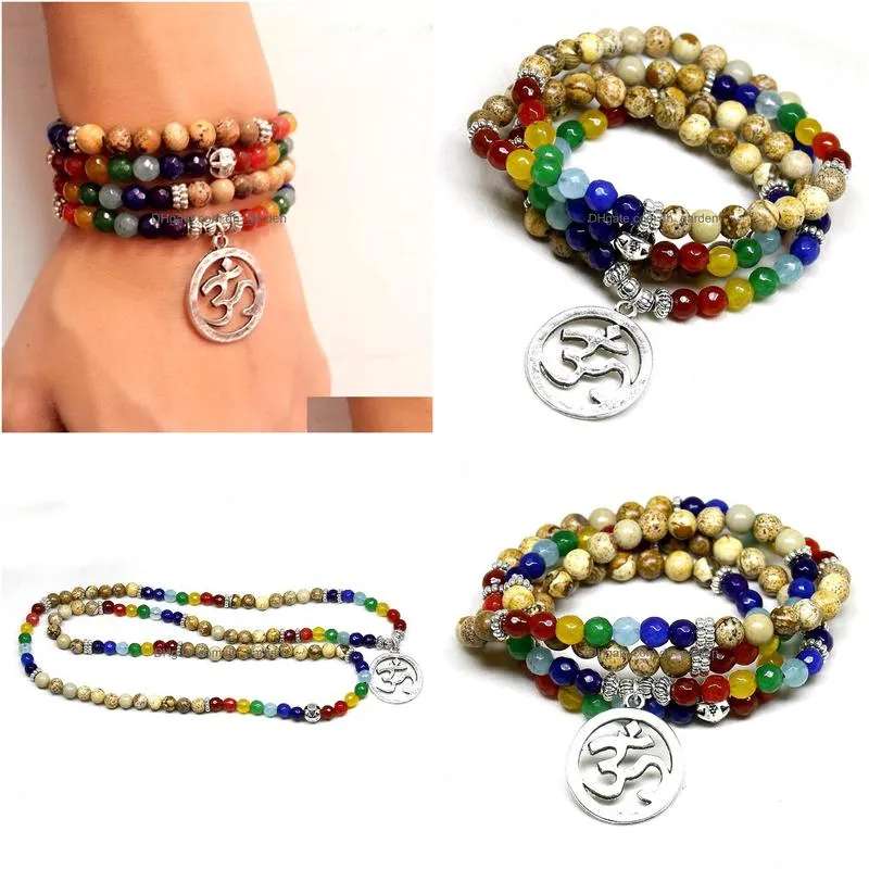 7 chakra healing balance bracelet picture stone gem yoga reiki prayer stone charms 108 bead bracelet multilayer bangle women men