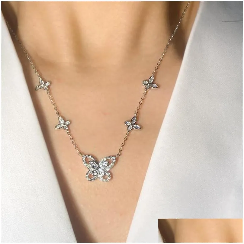 choucong brand 5 butterfly pendant luxury jewelry 925 sterling silver pave white sapphire cz diamond gemstones eternity women wedding clavicle necklace