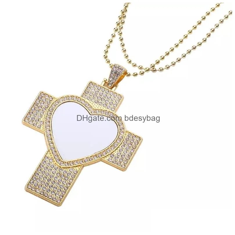 Sublimation Rhinestone Bezel Pendant Trays Blank Crossing Love Heart Necklace With Chain for DIY Craft