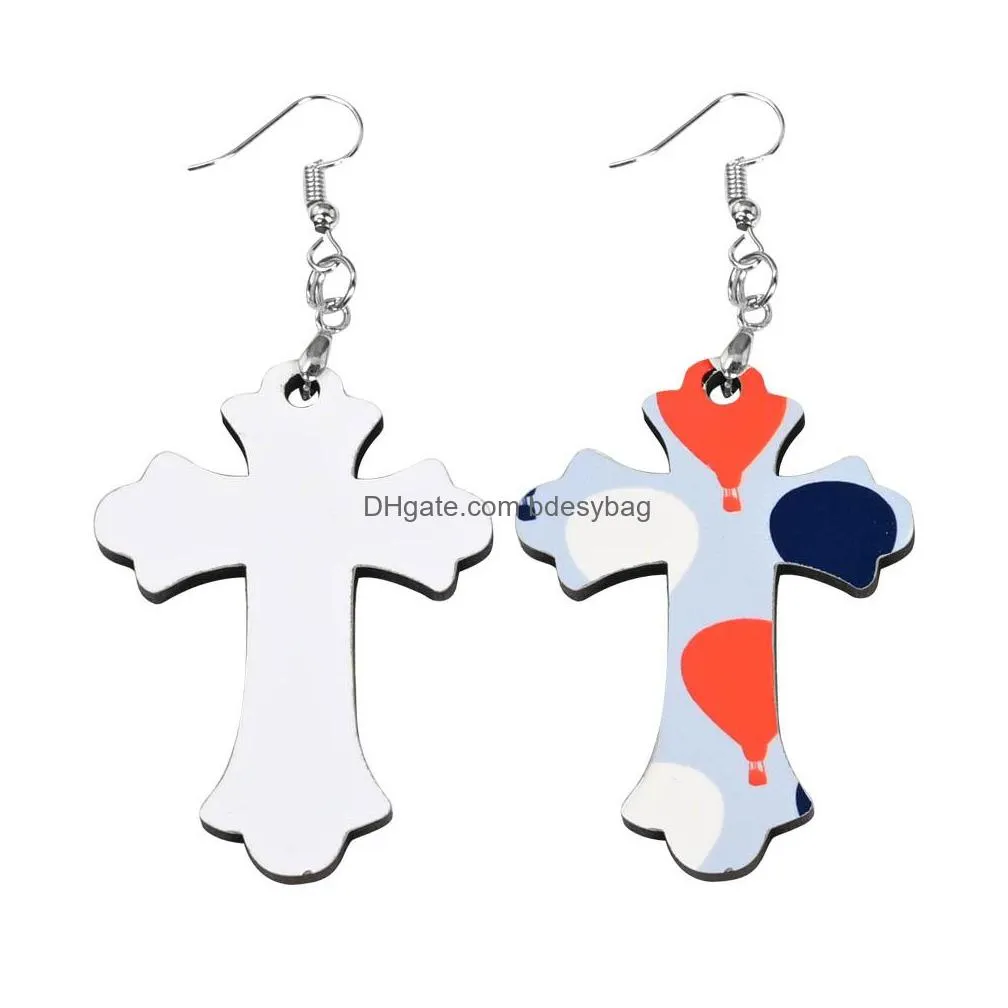 Sublimation Blank Cross Earrings Sublimatable MDF White Heat Transfer Wire Hooks Earring Blanks for Jewelry Making