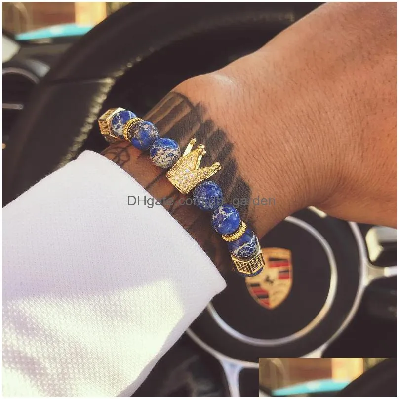 bracelets brand trendy imperial crown charm men bracelets natural stone beads women men jewelry