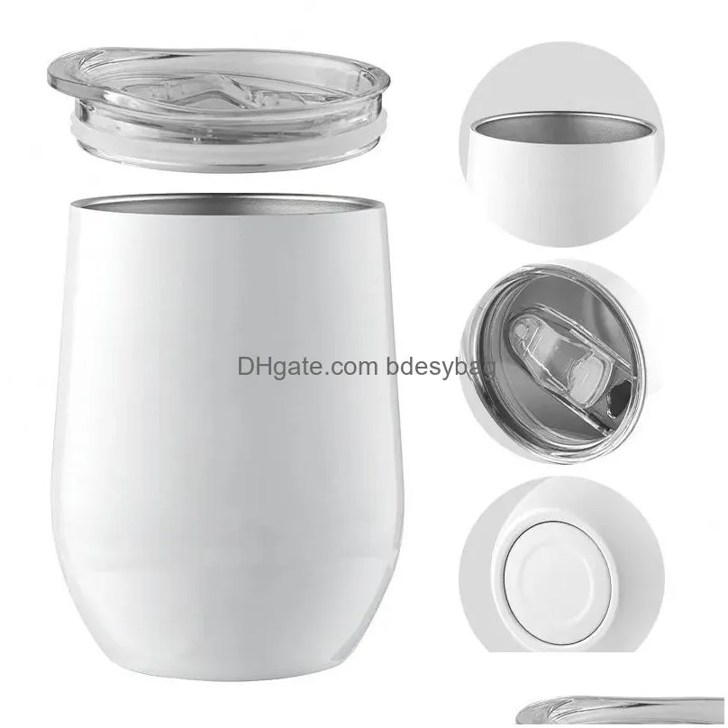 Sublimation Blanks Coffee Mugs White 12 OZ Stainless Steel Insulated Stemless Blank Cups with Lid and Straw for Wine Champaign Beer Cocktails