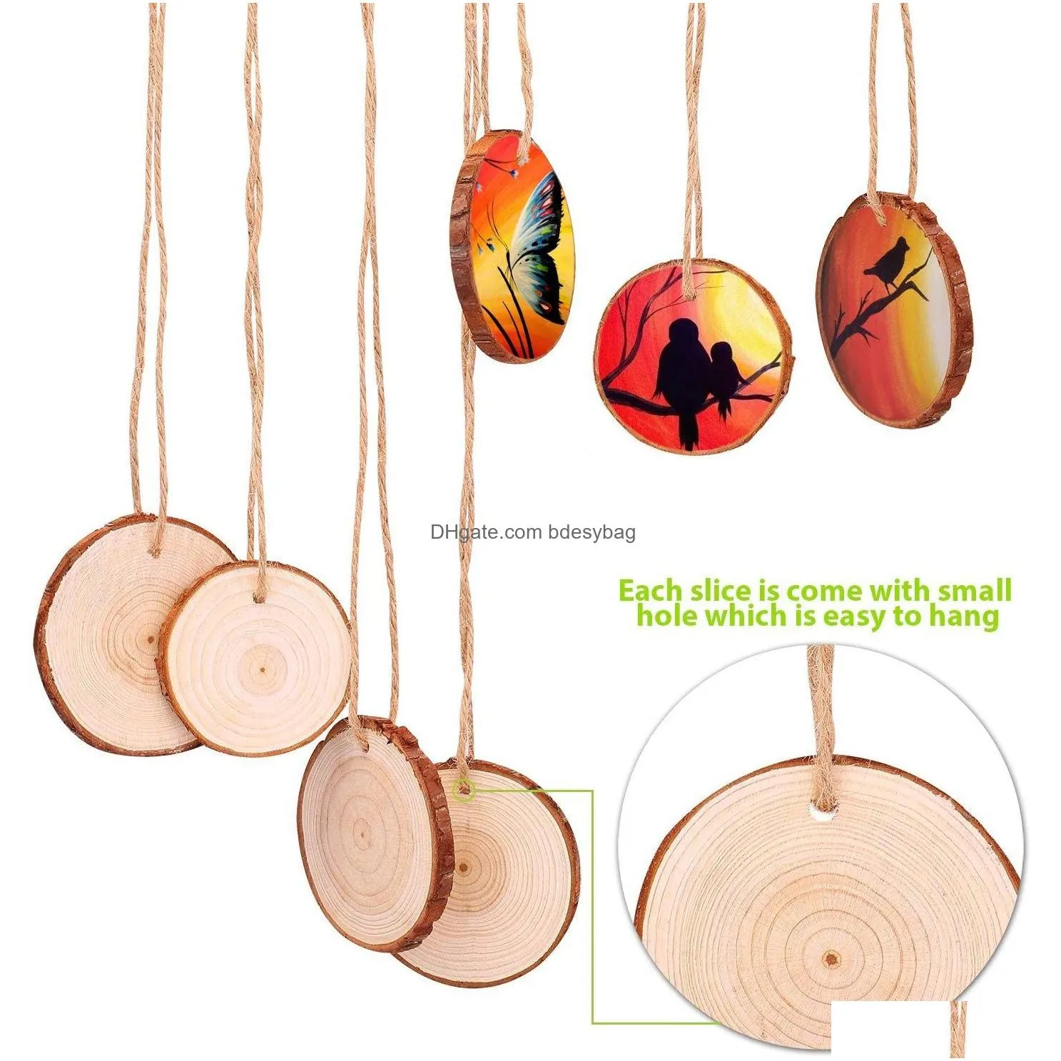 Unfinished Natural Wood Slices Craft Ornaments Wooden Discs with bark Circles Predrilled hole Wood Rounds for DIY