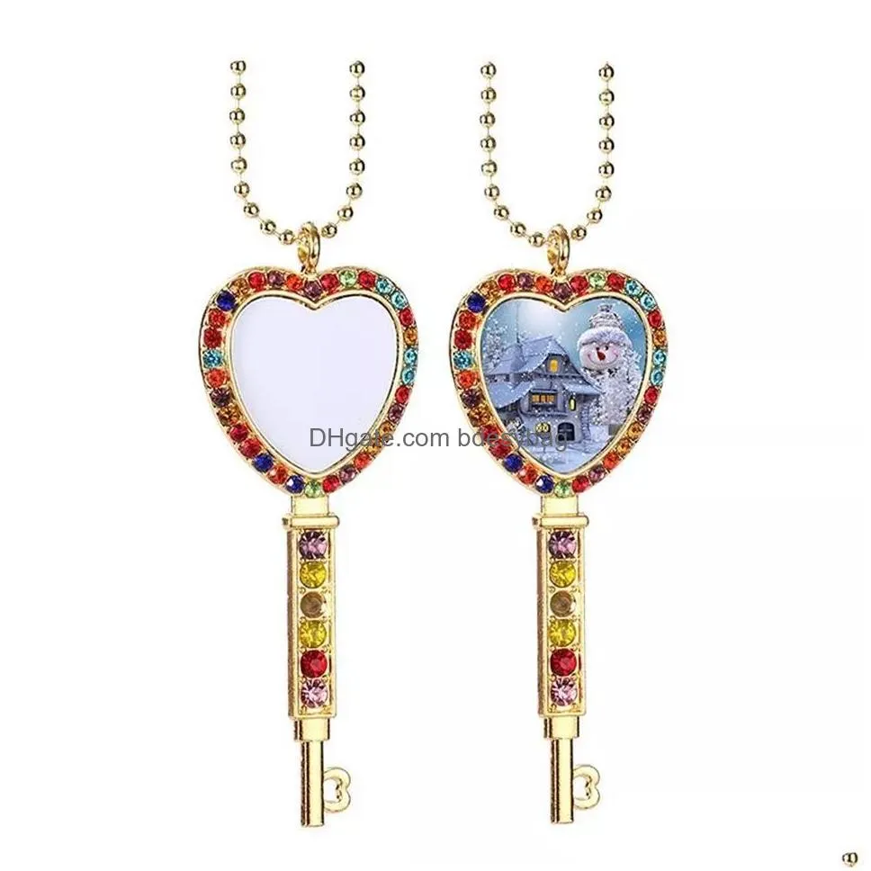 Sublimation Blank Rhinestone Necklace Heart Key Shape with Chain for Photo Bezel Pendant Trays Set DIY Jewelry