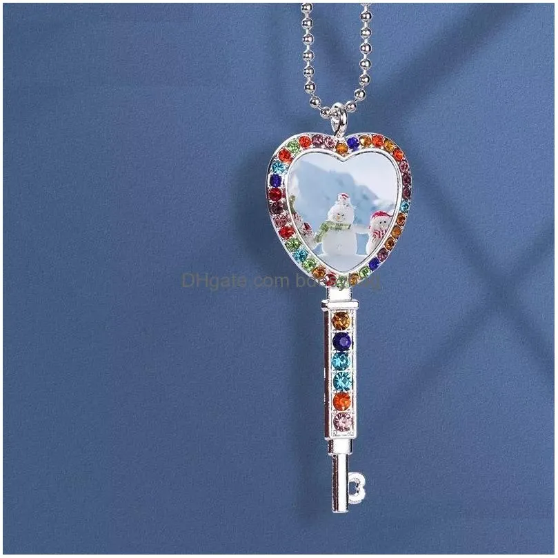 Sublimation Blank Rhinestone Necklace Heart Key Shape with Chain for Photo Bezel Pendant Trays Set DIY Jewelry