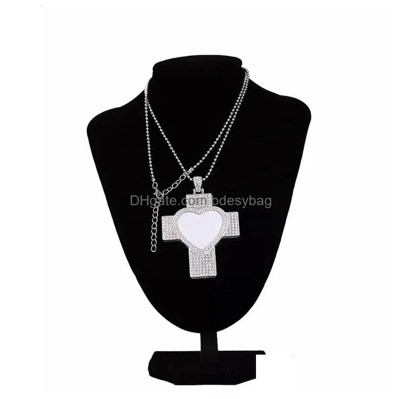 Sublimation Rhinestone Bezel Pendant Trays Blank Crossing Love Heart Necklace With Chain for DIY Craft