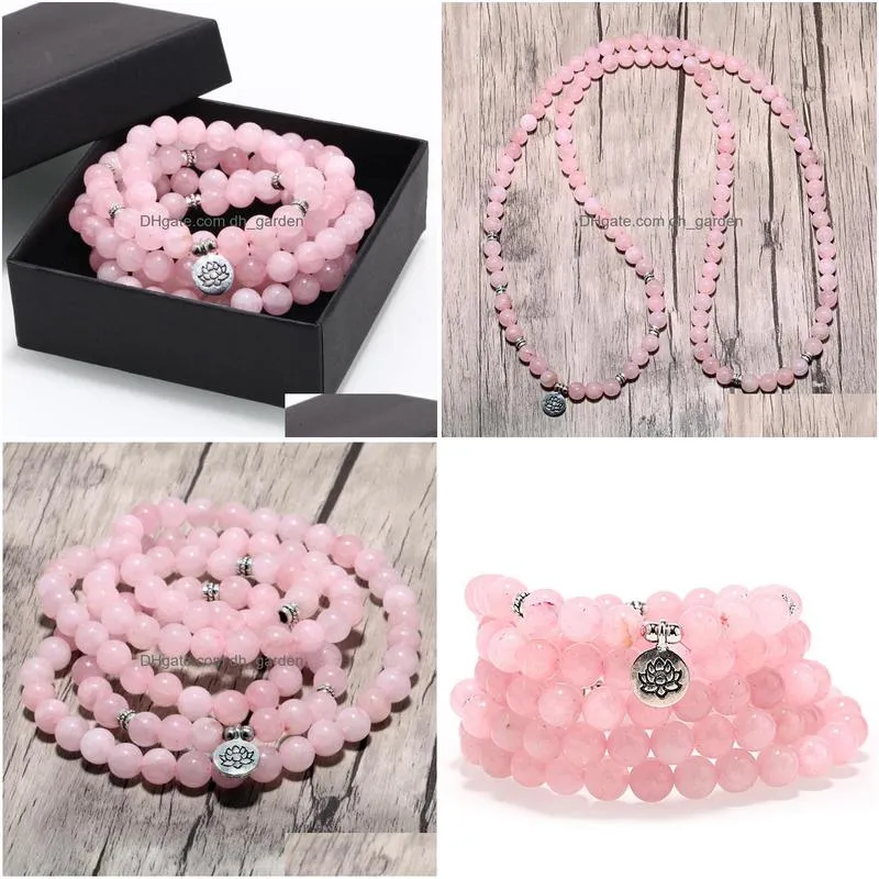 top sale 108 pink natural stone mala bracelet women yoga jewelry buddhist chakra necklace heart yoga lotus bracelet