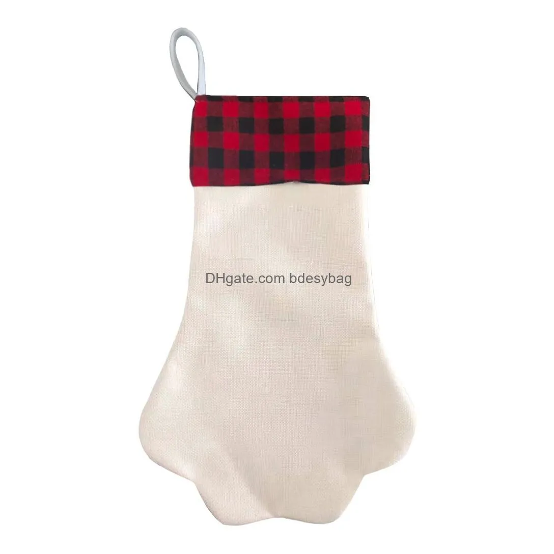 Sublimation Blank Christmas Stockings Dog Cat Paw Shape Xmas Stocking Blanks Plaid Xmas Socks