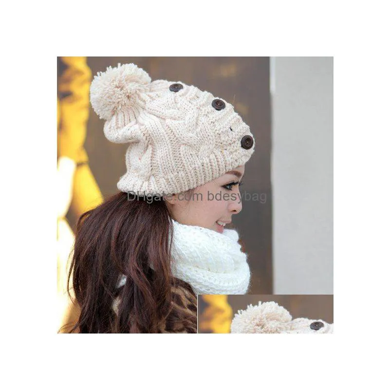 new 2017 winter cap women warm woolen knitted fashion hat for gilrs jonadab button twisted beanie cap woman fur cap accessories