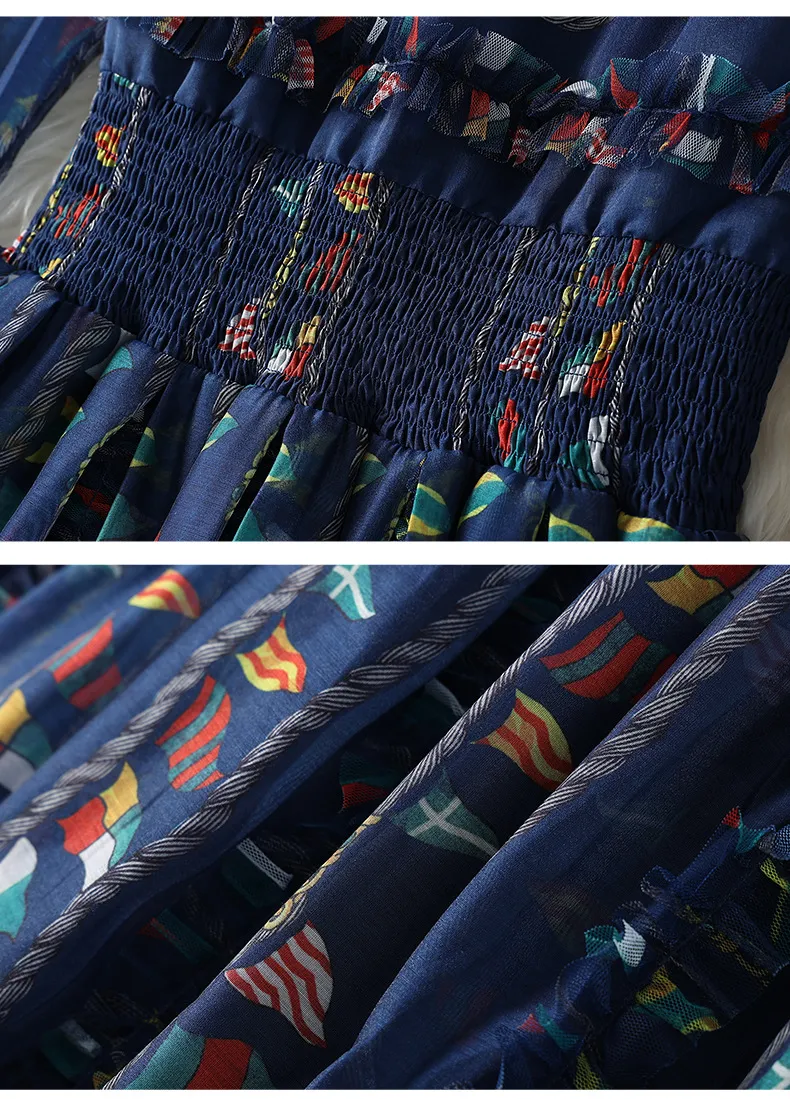 2023 Summer Blue Flag Print Panelled Tulle Dress Long Sleeve Round Neck Midi Casual Dresses M3M25B755