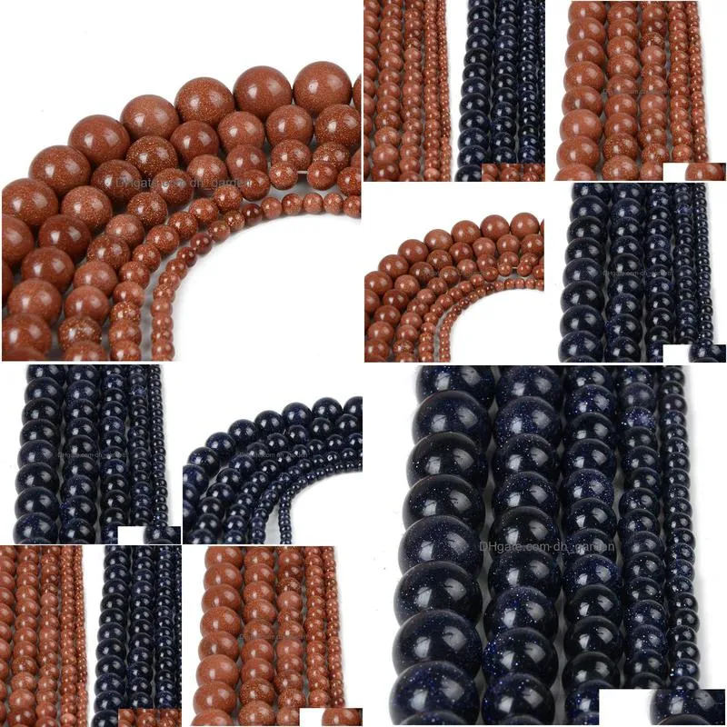 4 6 8 10 12mm natural gold sand stone beads loose dark blue sandstone round beads for diy jewelry