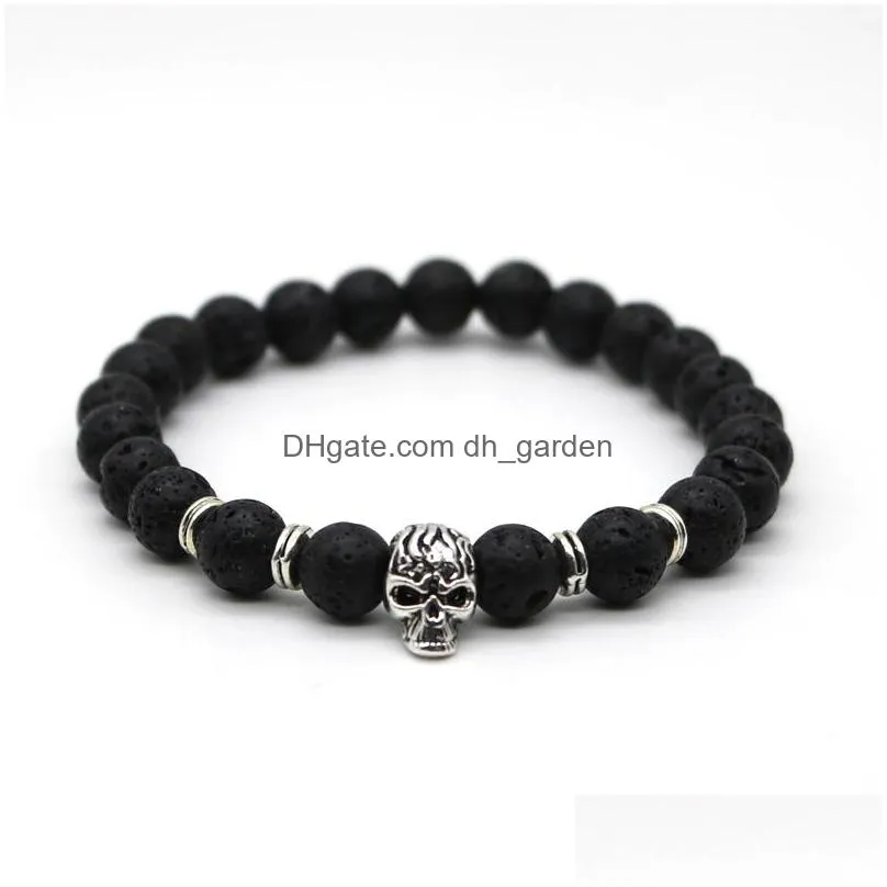 gold color skeleton skull bracelet men with black lava stone bead bracelets