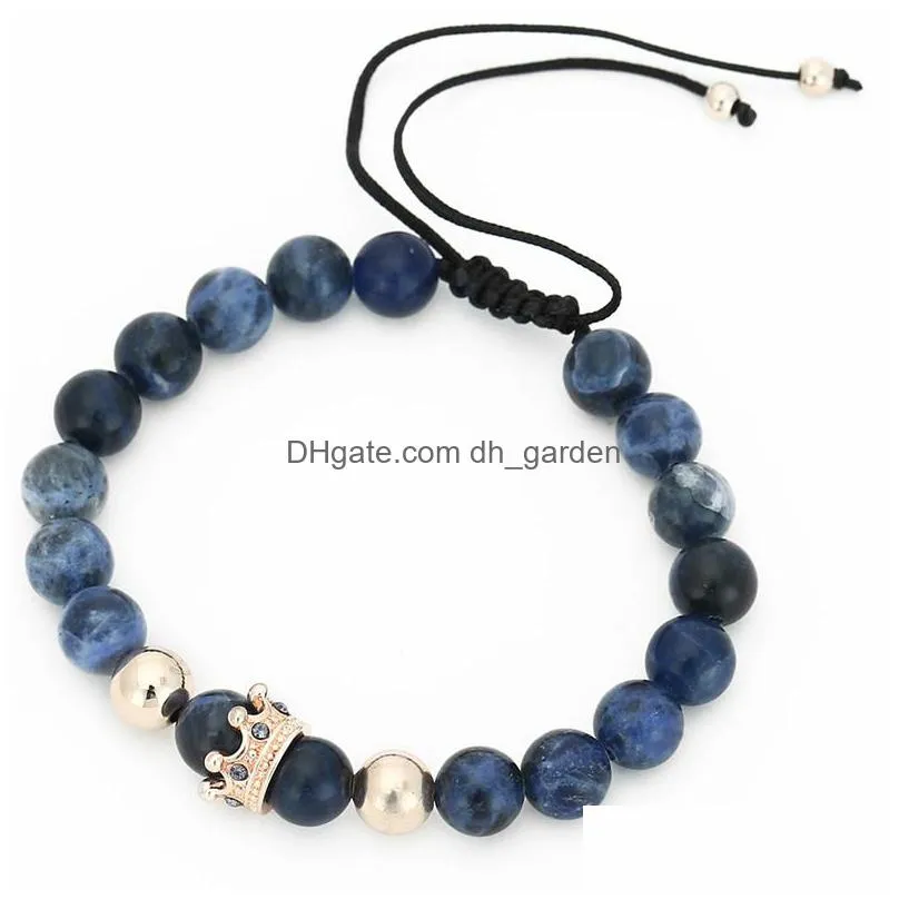 fashion men women stone bead bracelet pave setting black crown charm weave braiding men macrame bracelet