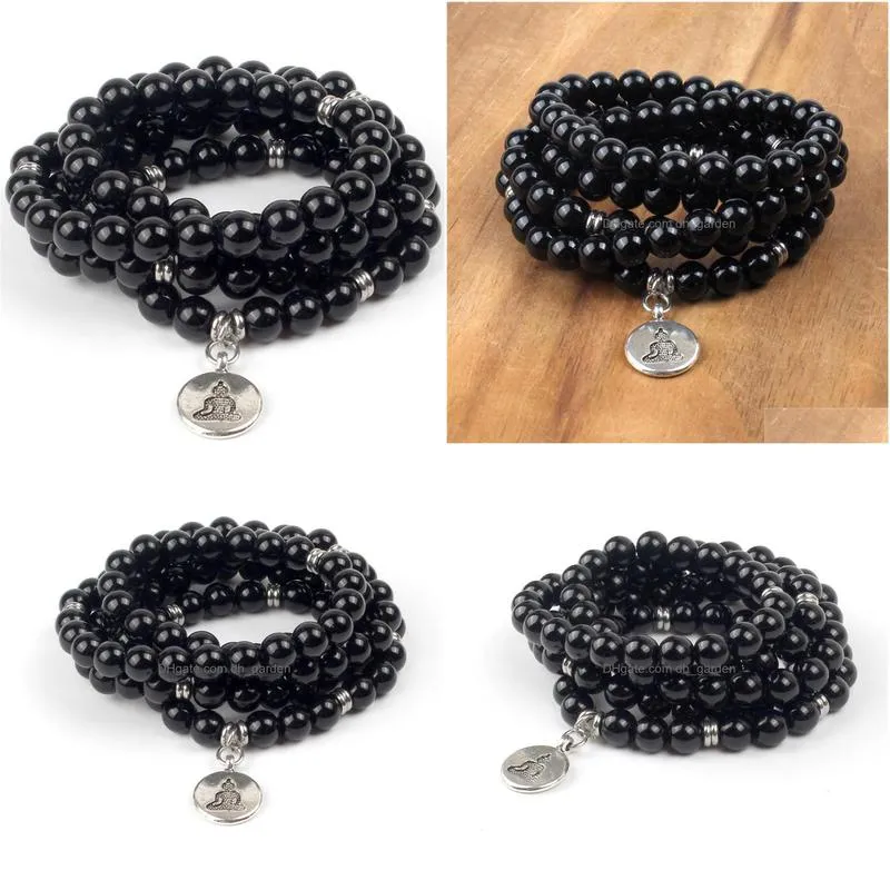 diezi men natural stone 108 black obsidian beads bracelet for women buddhist mala necklace yoga jewelry buddha charm bracelets