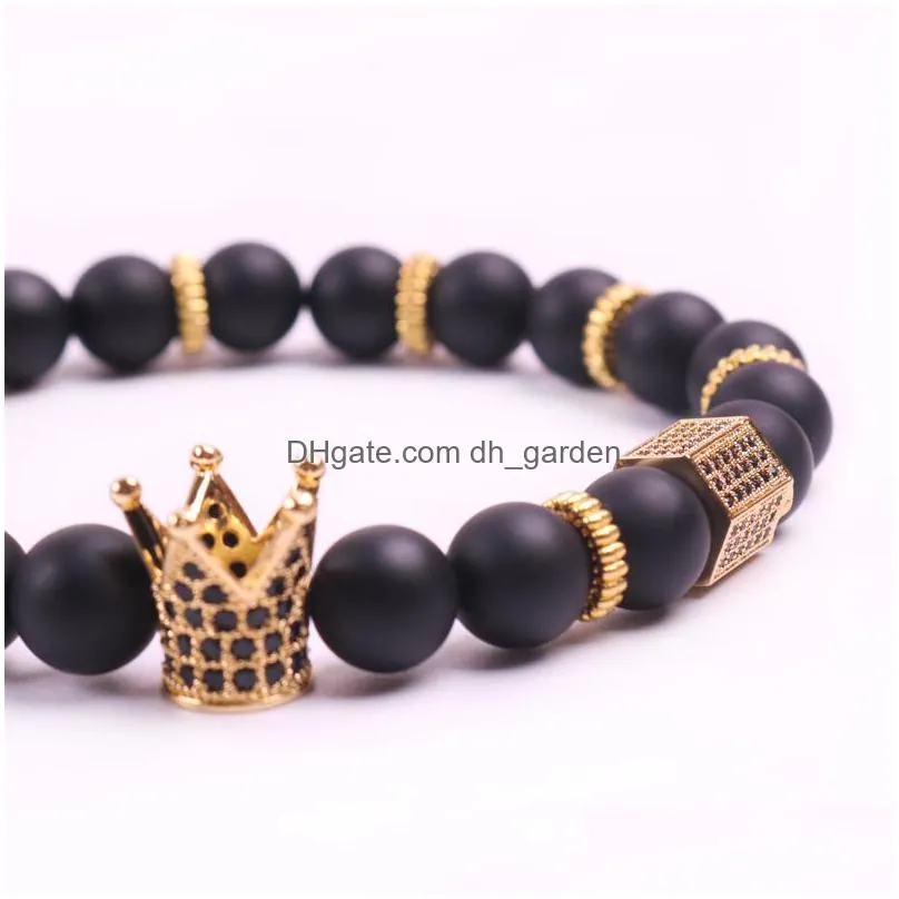 black zirconia gold king crown charm bracelet men dull polish matte stone bead bracelets for men women gift