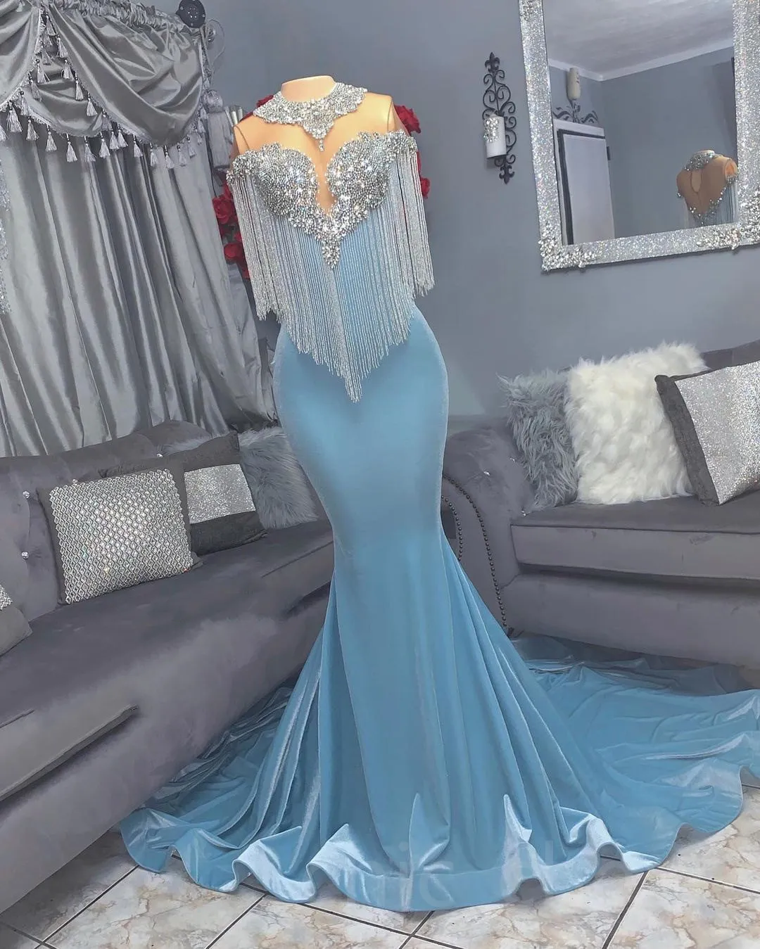2023 Arabic Aso Ebi Beaded Crystals Prom Dress Mermaid Satin Sexy Evening Formal Party Second Reception Birthday Engagement Gowns Dresses Robe De Soiree ZJ0347