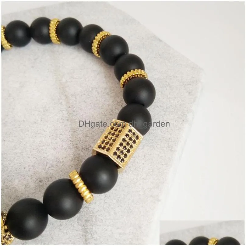 black zirconia gold king crown charm bracelet men dull polish matte stone bead bracelets for men women gift