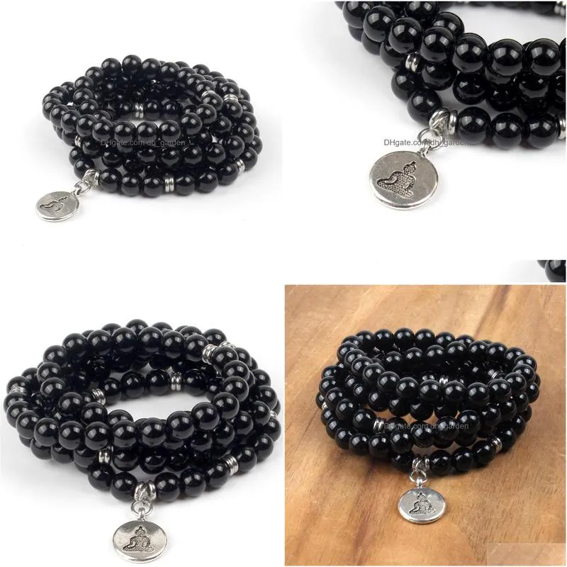 diezi men natural stone 108 black obsidian beads bracelet for women buddhist mala necklace yoga jewelry buddha charm bracelets