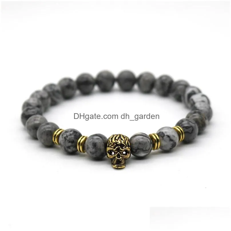 gold color skeleton skull bracelet men with black lava stone bead bracelets