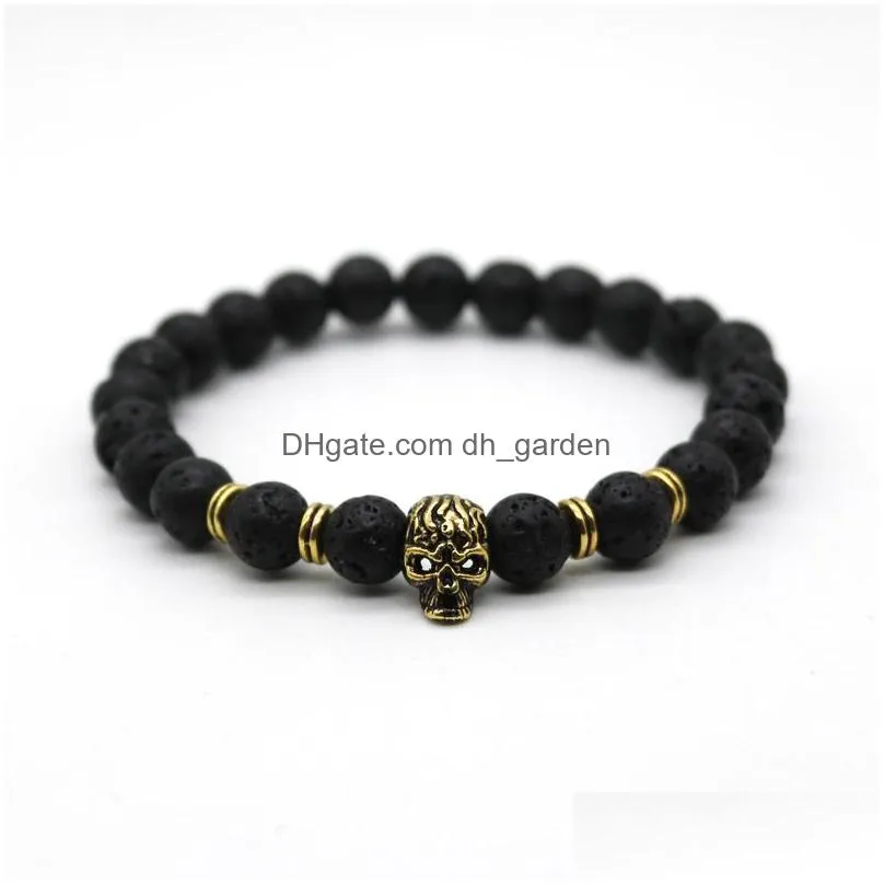 gold color skeleton skull bracelet men with black lava stone bead bracelets