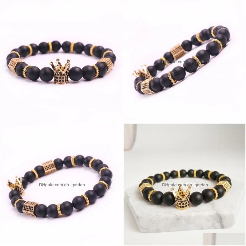 black zirconia gold king crown charm bracelet men dull polish matte stone bead bracelets for men women gift