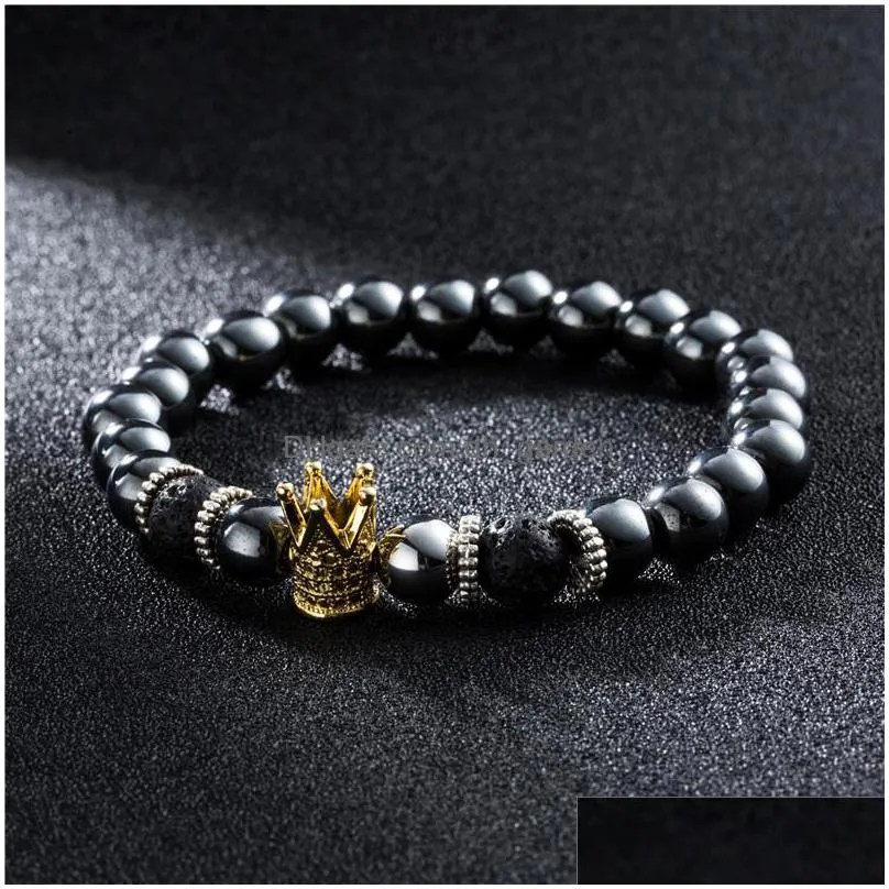 8mm black hematite and volcanic stone beaded men bracelet for women crown male hand chain bracelets lovers fashion jewelry