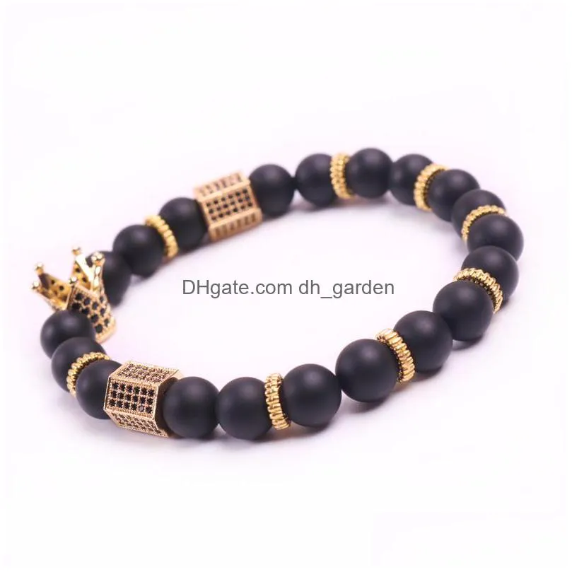 black zirconia gold king crown charm bracelet men dull polish matte stone bead bracelets for men women gift