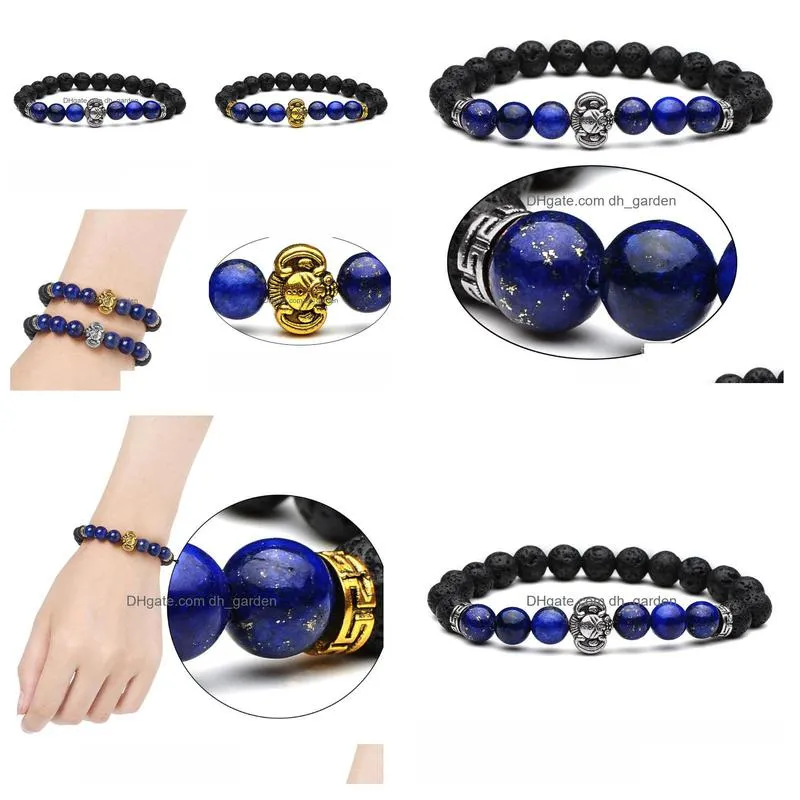 new bangles jewelry golden color alloy elephant head charms 8mm lava black stone beads bracelet for women