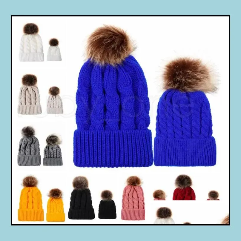 pompom ball knitted hat winter warm women parentchild knitting caps twist knit beanies imitation braid hair ball wool cap 9styles
