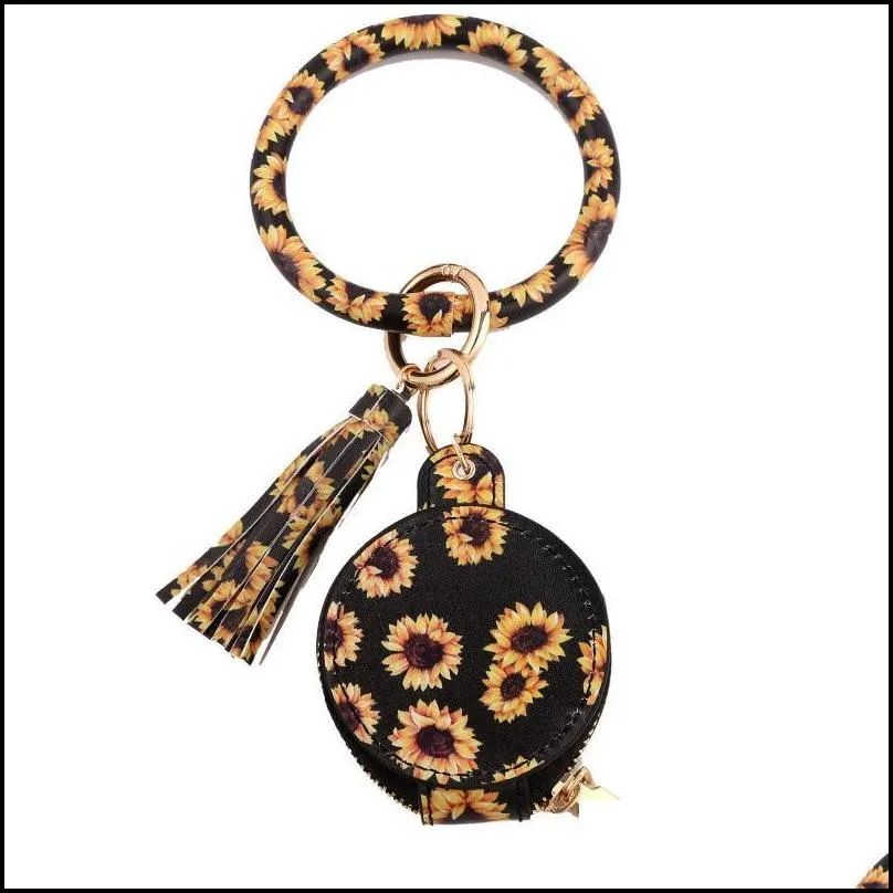 newcolorful pu leather tassels bracelets keychain party favor wristlet sunflower leopard earphone bags makeup bag with mirror keyring heads