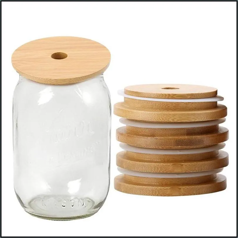 bamboo cap lids 70mm 88mm reusable wooden mason jar lid with straw hole and silicone seal