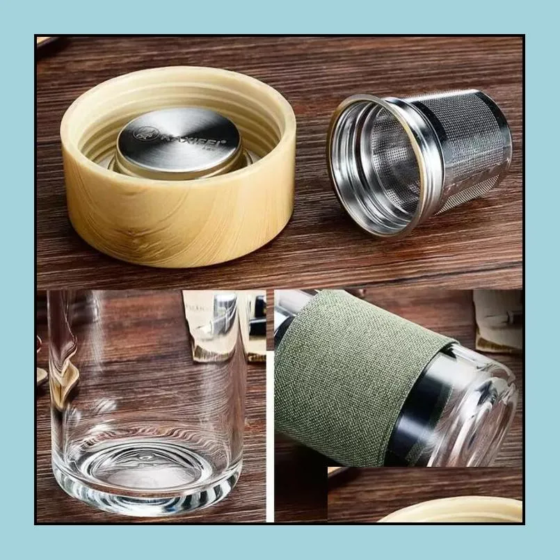 350ml 12oz glass water bottles heat resistant round office tea cup with stainless steel tea infuser strainer tea mug car tumblers
