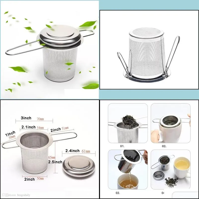 folding double handles tea infuser with lid stainless steel fine mesh coffee filter teapot cup hanging loose leaf tea strainer