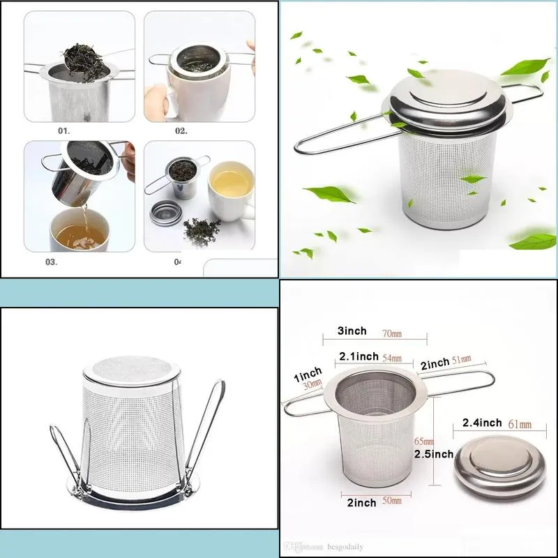 folding double handles tea infuser with lid stainless steel fine mesh coffee filter teapot cup hanging loose leaf tea strainer