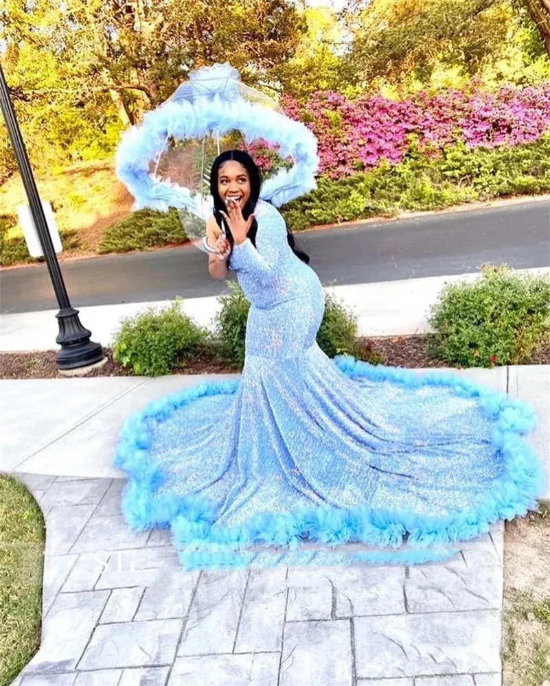 Sky Blue One Shoulder Long Prom Dress For Black Girls Ruffles Celebrity Dresses Cut Out Birthday Party Gowns Mermaid Formal