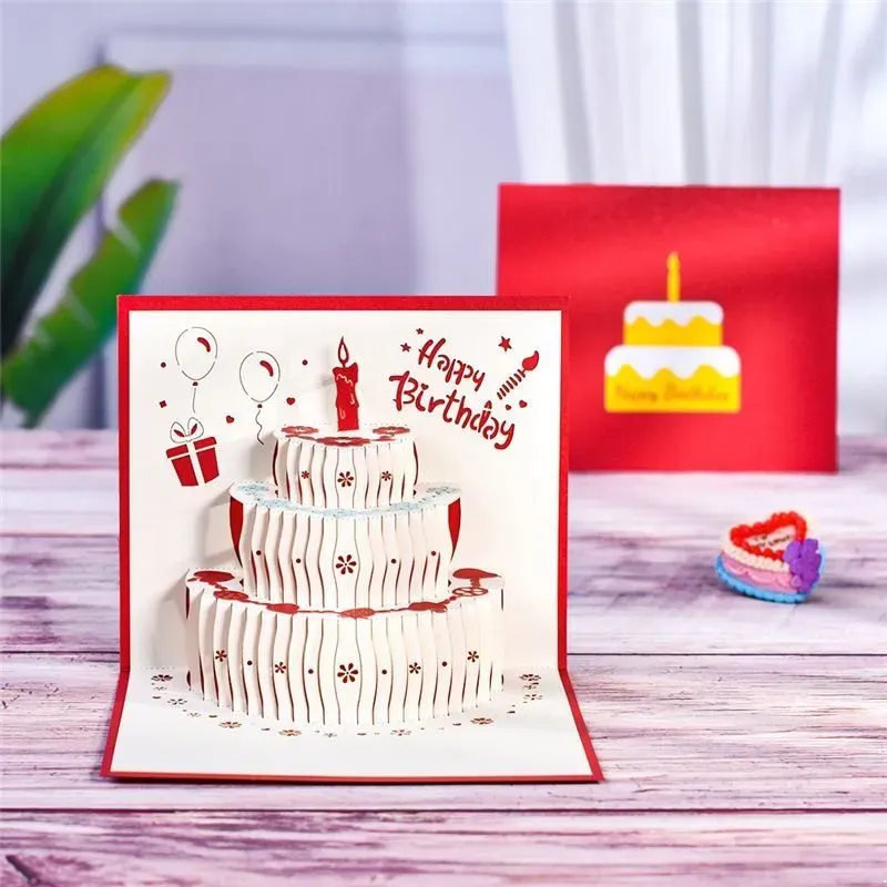 Greeting Cards 3D Happy Birthday Cake -Up Gift for Kids Mom with Envelope Handmade