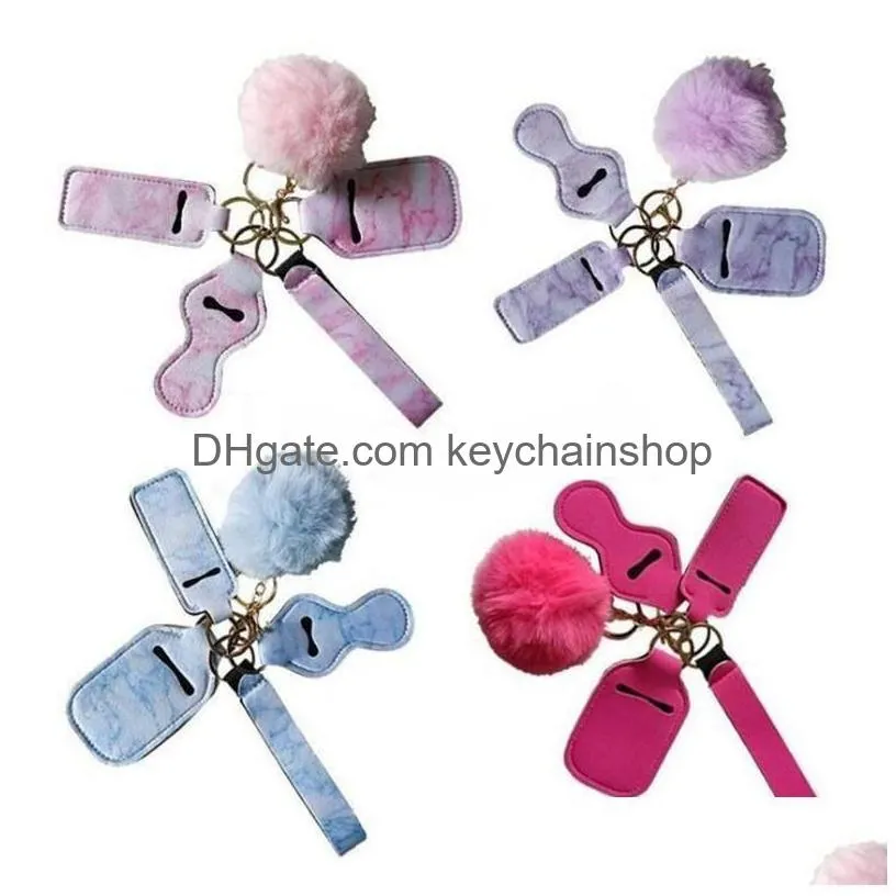 11 colors 5pcs defense keychain set pompom hand sanitizer wrist strap lipstick keychains silver keyring for woman men selfdefense keyrings